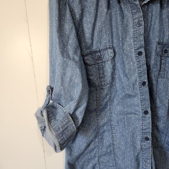 Apt 9 Womens Denim Chambray Polka Dot Button Up Shirt XL Roll Tab Sleeves Cotton - Picture 3 of 10
